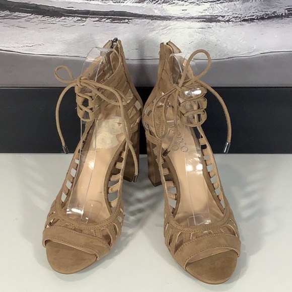 Franco Sarto Ernie Tan Faux Suede Block Heel Open Toe Cage Zip Tie Sandals Sz 8 - Picture 1 of 12
